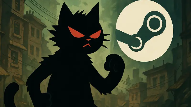 Изображение боевого кота из игры Mewgenics с логотипом Steam на фоне.
