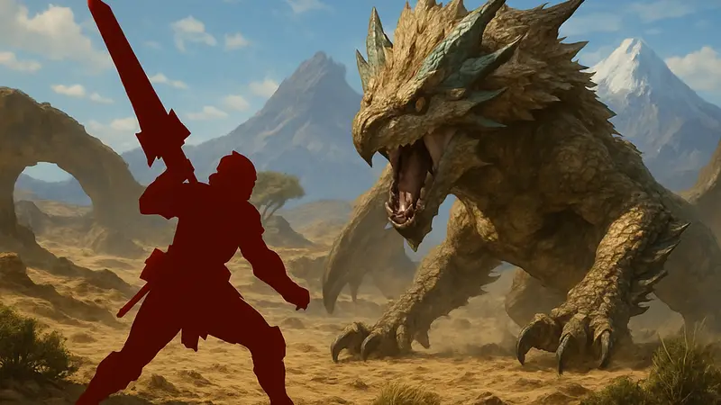 Охотник из Monster Hunter Wilds сражается с монстром на фоне пейзажа, дополнение Iceborne и Sunbreak