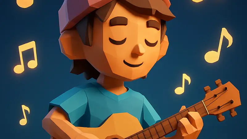 Персонаж Heartopia играет на музыкальном инструменте, вокруг ноты.