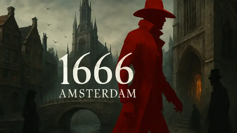 Логотип игры 1666: Amsterdam на фоне концепт-арта, демонстрирующего стилистику игры