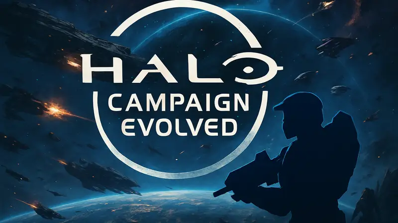 Логотип Halo: Campaign Evolved на фоне космического сражения из игры