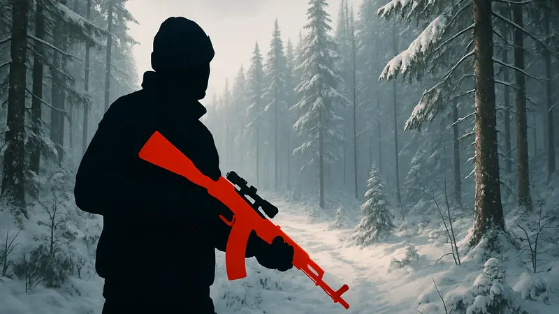 Кадр из игры Road to Vostok: игрок с оружием в заснеженном лесу, финский шутер на выживание.