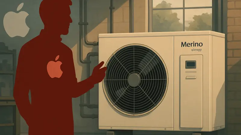 Инженер Apple AirPods рядом с прототипом теплового насоса Merino Energy, демонстрирующий новую технологию энергоэффективности.