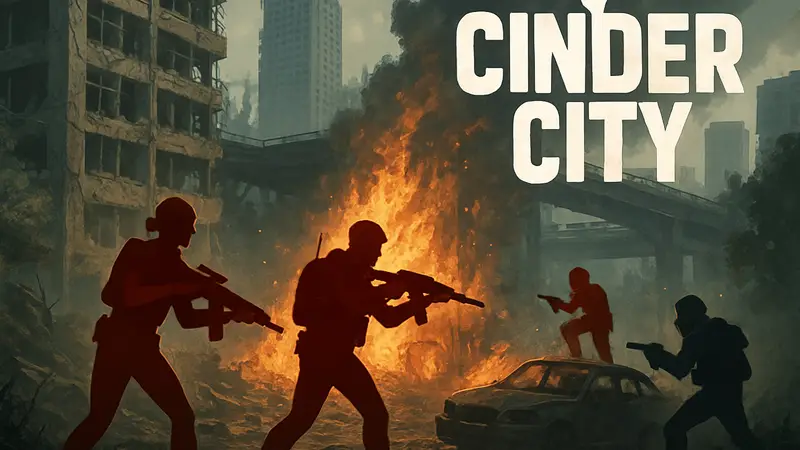 Скриншот из игры Cinder City, демонстрирующий графику и экшен, с логотипом игры.