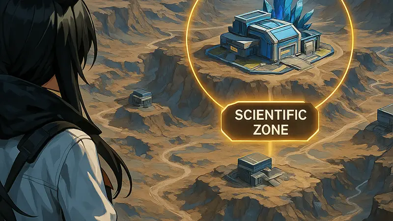 Игровая карта или скриншот из Arknights Endfield с обозначенной Научной Зонной Ориджиниум.