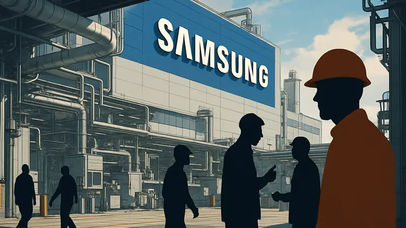 Логотип Samsung на заводе по производству чипов, где работают сотрудники