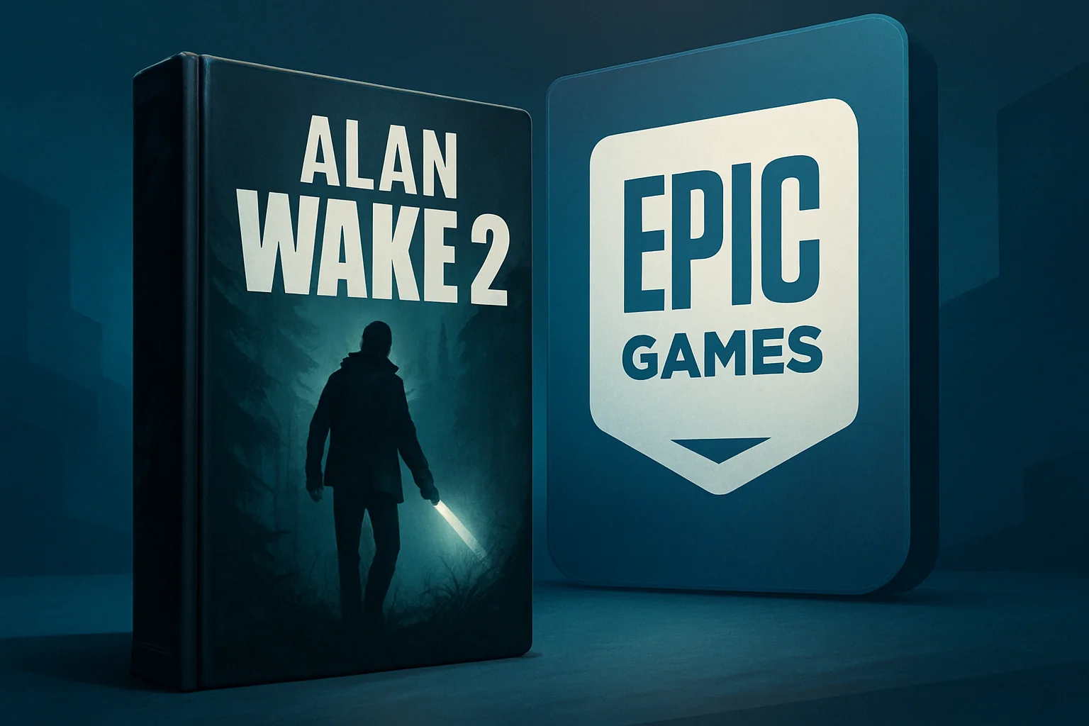 Артбук Alan Wake 2 на фоне логотипа Epic Games Store, демонстрирующий партнерство Remedy и Epic.