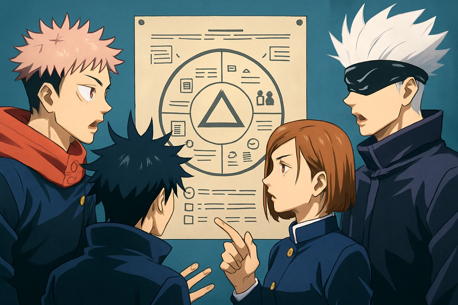 Кадр из аниме Jujutsu Kaisen с главными персонажами, возможно, обсуждающими правила «Игры на Выбывание».