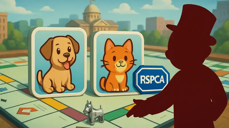 Символы Monopoly Go! с изображением питомцев и логотипом RSPCA на игровом поле.