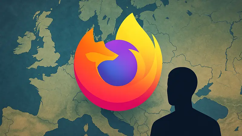 Логотип браузера Mozilla Firefox на фоне карты Европы