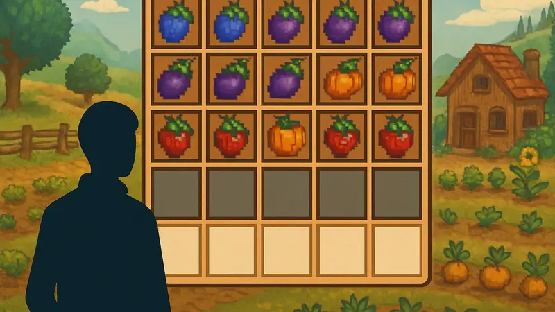 Изображение игрового поля Stardewle с пиксельной графикой урожая Stardew Valley и угадываемым словом.