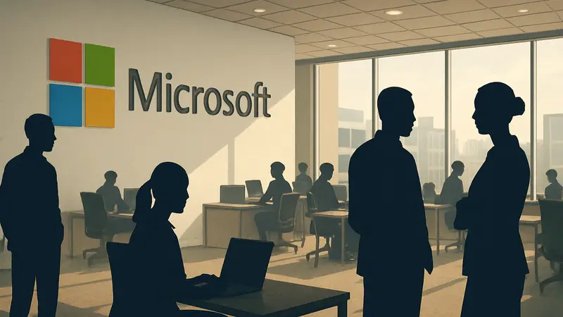 Логотип Microsoft, группа людей в офисе, бизнес-новости