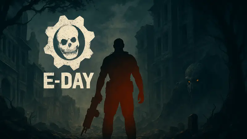 Логотип Gears of War: E-Day на фоне мрачного пейзажа, символизирующего хоррор-корни