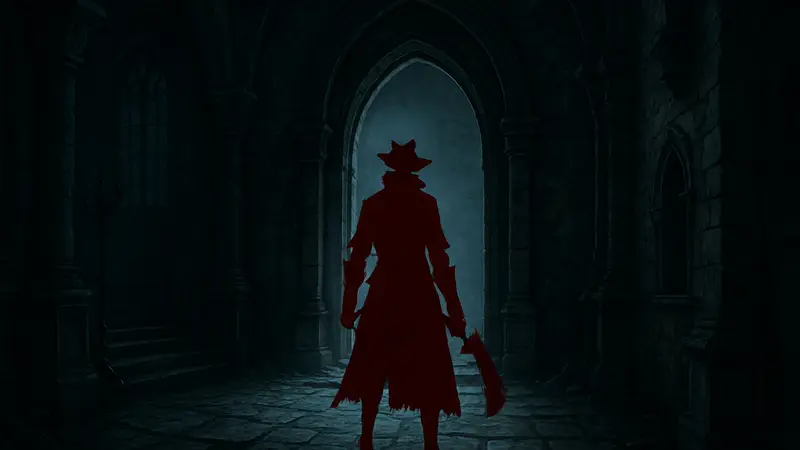 Изображение из Bloodborne, демонстрирующее вход в скрытую область замка, с тусклым светом и тенями.