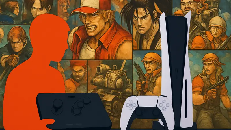 Джойстики Neo Geo и PlayStation 5 на фоне обложек классических игр SNK