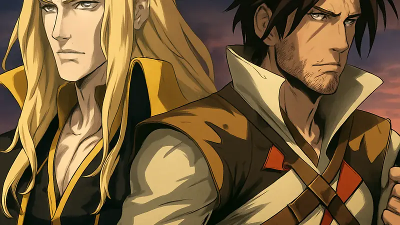 Кадр из анимационного сериала Castlevania от Netflix, изображающий персонажей Алукарда и Тревора Бельмонта.
