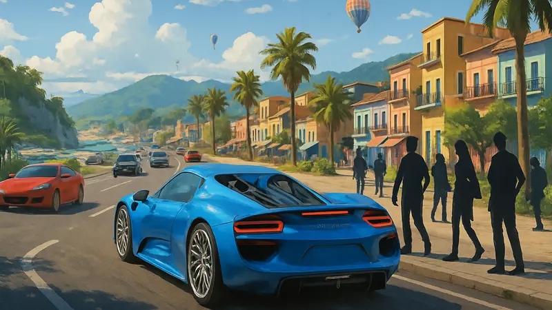 Геймплейный кадр Forza Horizon 6, демонстрирующий насыщенный  игровой мир с машинами и окружением.