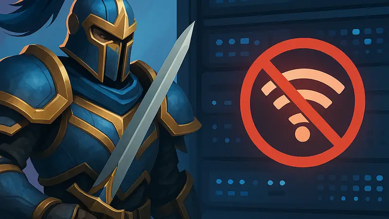 Игровой персонаж Highguard на фоне неработающего сервера или значок 'нет соединения', символизирующий проблемы с подключением.