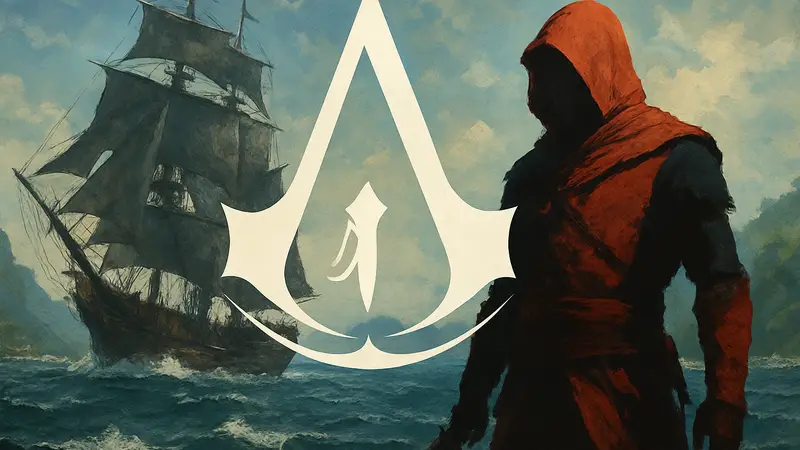 Логотип Assassin's Creed Black Flag Resynced, пиратский корабль или ассасин на обложке