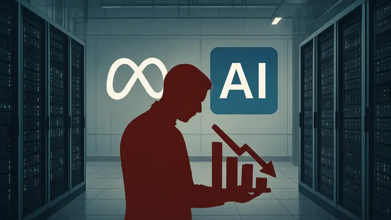Изображение дата-центра Meta с символами AI, показывающее сокращение инвестиций в искусственный интеллект.