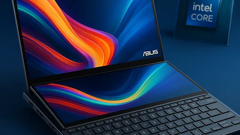 Ноутбук Asus Zenbook Duo 2026 с двумя 14-дюймовыми OLED-экранами, работающий на процессоре Intel Panther Lake.