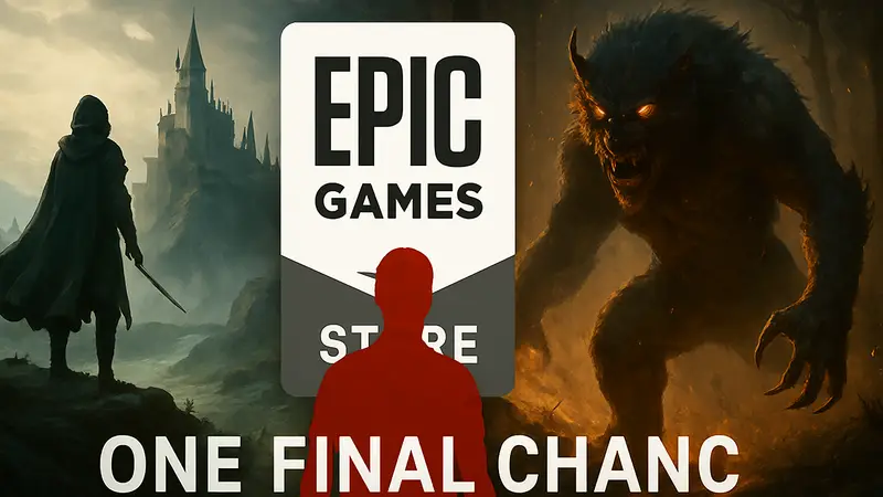 Логотип Epic Games Store с изображением бесплатных игр и надписью 'Последний шанс'.