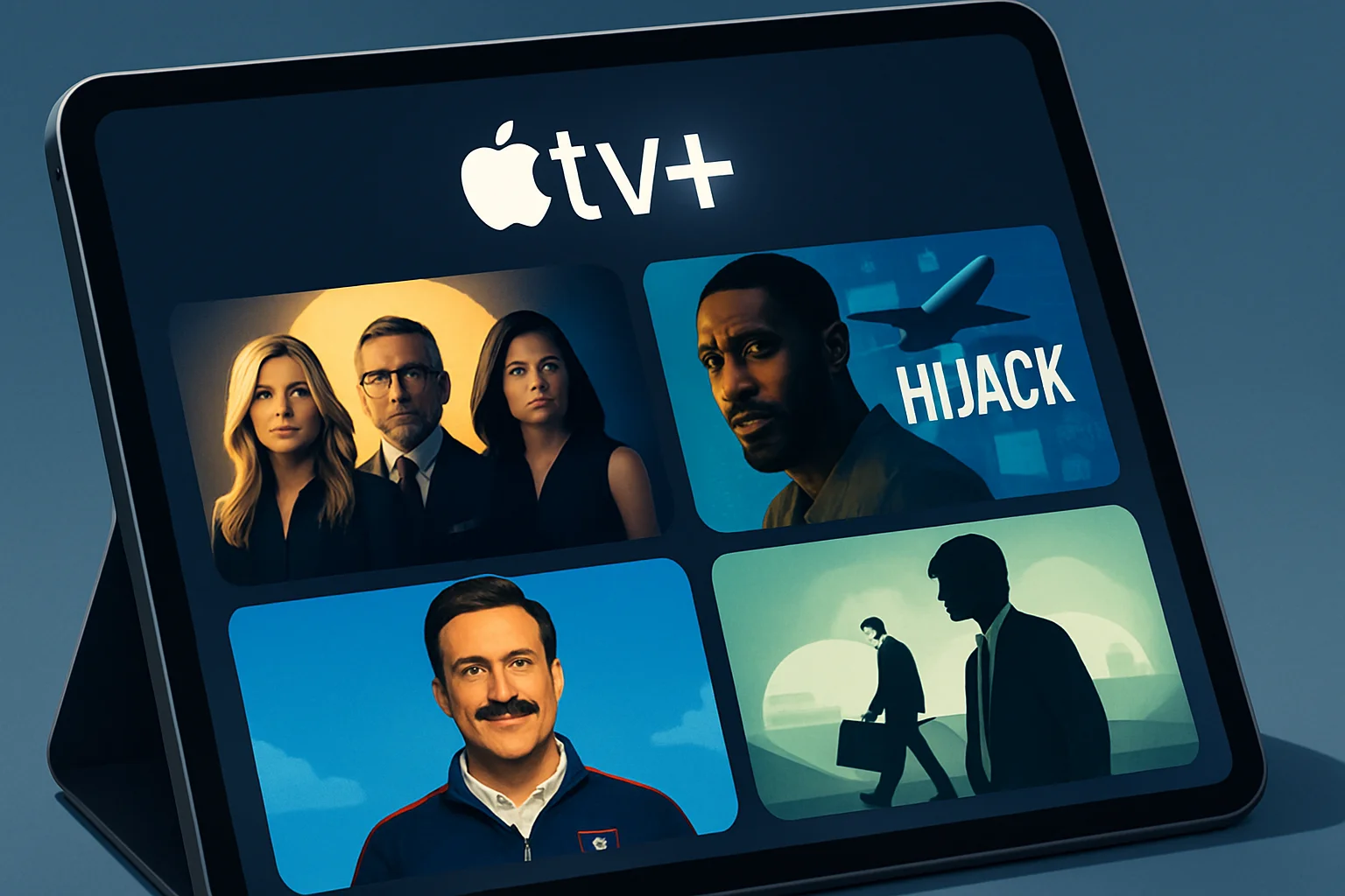 Обложки популярных сериалов Apple TV+, таких как «Утреннее шоу» и «Захват», расположенные на экране устройства.