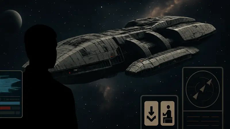 Космический корабль из Battlestar Galactica в космическом пространстве, элементы интерфейса стратегии.