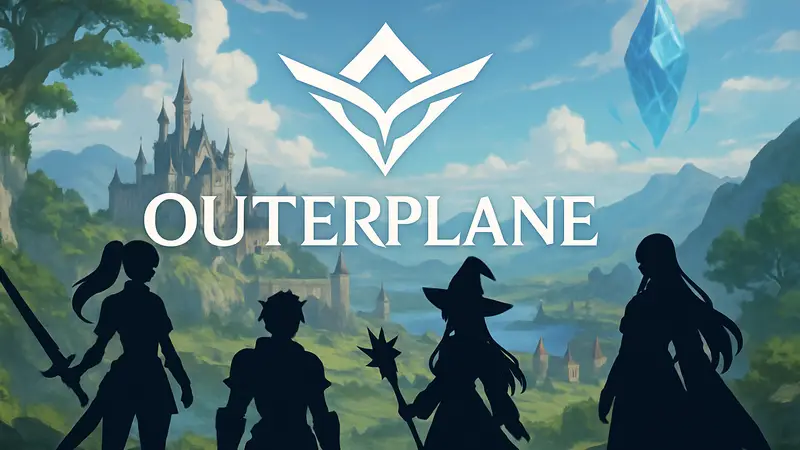 Логотип Outerplane RPG на фоне фэнтезийного мира с персонажами.