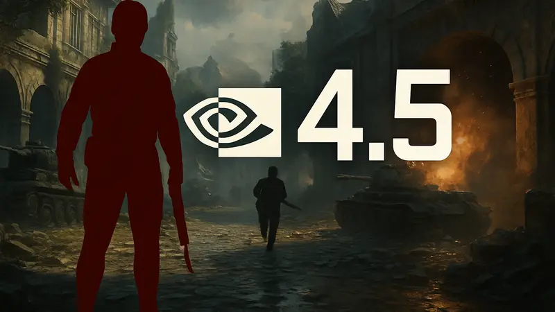 Логотип Nvidia DLSS 4.5 на фоне игрового процесса с улучшенной графикой.