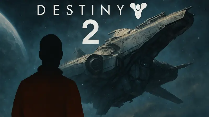 Логотип Destiny 2 на фоне космического корабля.