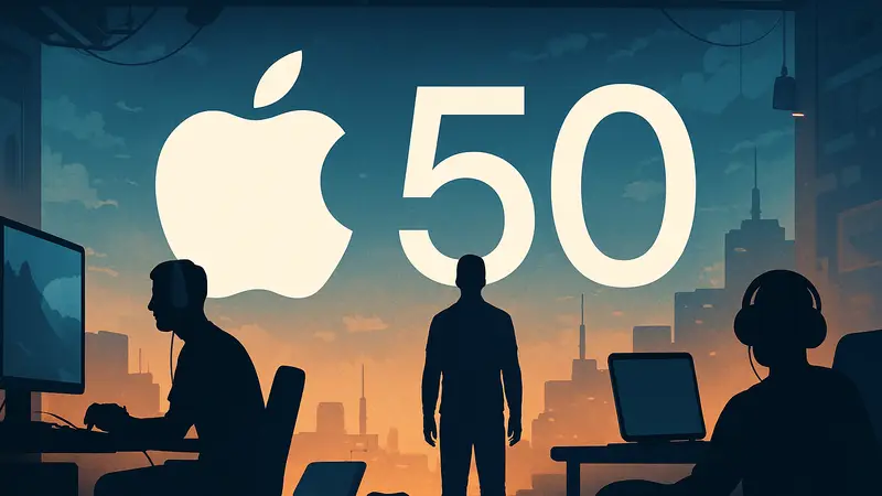 Логотип Apple и число 50 лет, отмечающие юбилей компании в технологиях и играх.