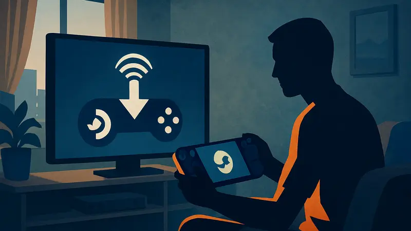 Логотип Steam Deck и SteamOS, символизирующий быстрое скачивание игр