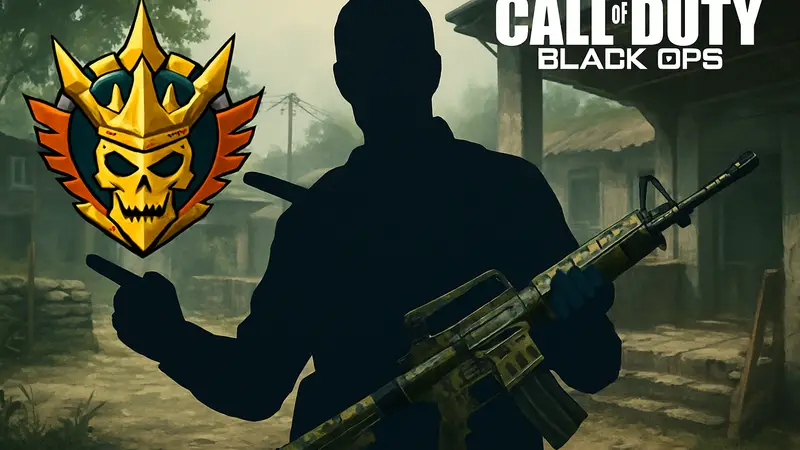 Игрок Call of Duty Black Ops 1 с эмблемой Престижа и оружием в камуфляже, демонстрирующий достижения.