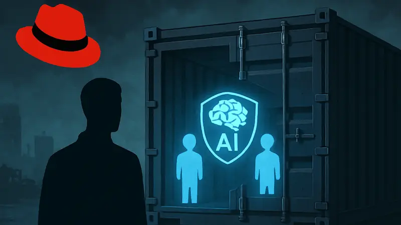 Логотип Red Hat и символическое изображение контейнера, защищающего AI-агентов OpenClaw