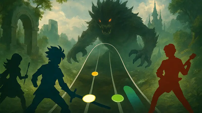 Обложка или скриншот RPG Nocturne, совмещающей Chrono Trigger и Guitar Hero механики.