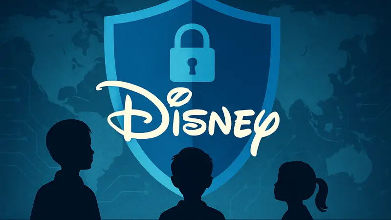 Логотип Disney на фоне символа VPN, возможно, со щитом или замком, символизирующий защиту данных.