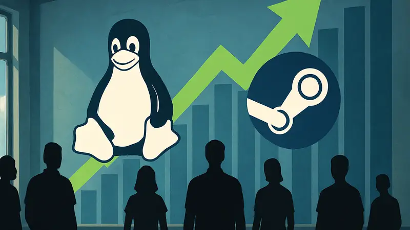 Логотип Linux и Steam, показывающий рост числа геймеров на платформе