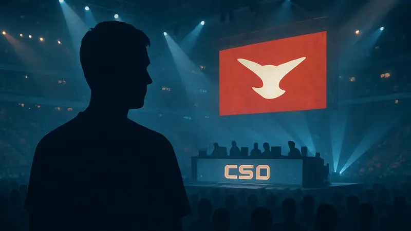 Киберспортсмен Brollan на сцене во время турнира по CS2, логотип MOUZ