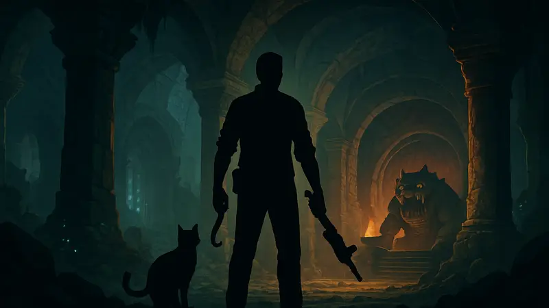 Обложка книги Dungeon Crawler Carl, изображающая главного героя в фантастическом окружении подземелья