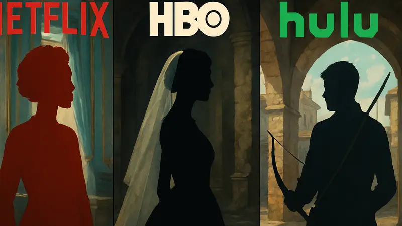 Кадры из новых фильмов «Ladies First», «The Bride!», «Arco» на фоне логотипов стриминговых сервисов