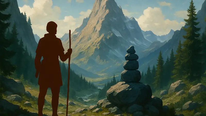 Арт из игры Cairn с акцентом на персонажа и горный пейзаж