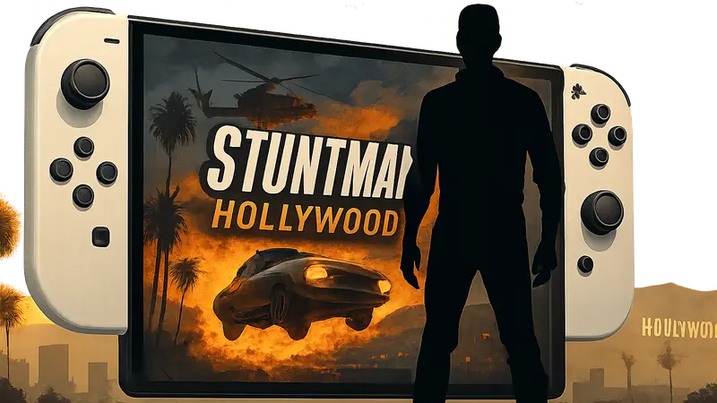 Логотип игры Stuntman: Hollywood на фоне Nintendo Switch 2