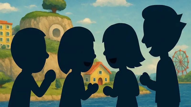 Группа персонажей Mii из Tomodachi Life: Living the Dream, весело общающихся вместе.