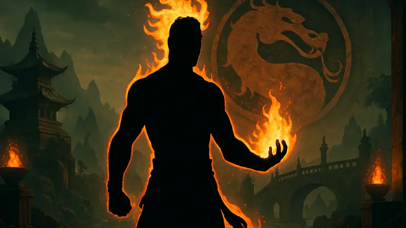 Изображение Лю Канга из фильма Mortal Kombat 2 в образе бога огня, на фоне узнаваемых элементов вселенной файтинга.