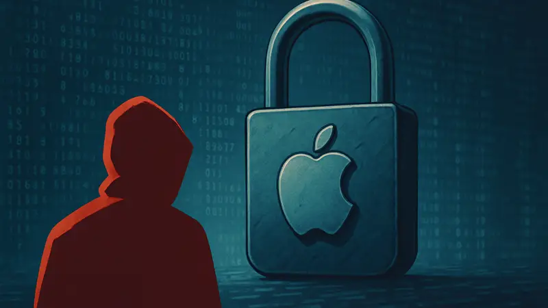 Изображение замка с логотипом iPhone на фоне кода, символизирующее угрозу кибербезопасности после утечки DarkSword.