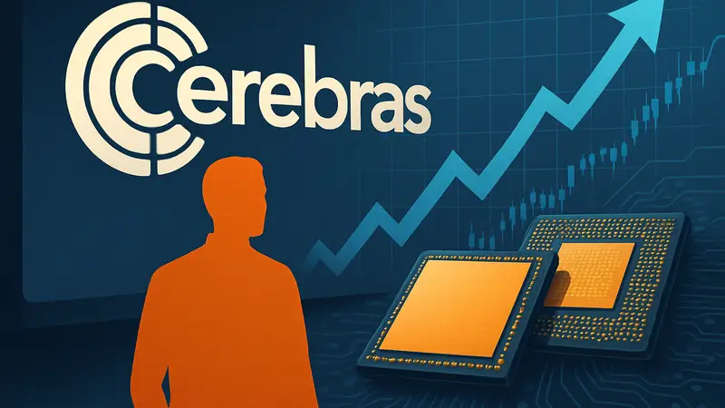 Логотип Cerebras Systems на фоне графика роста стоимости акций и ИИ-чипов.