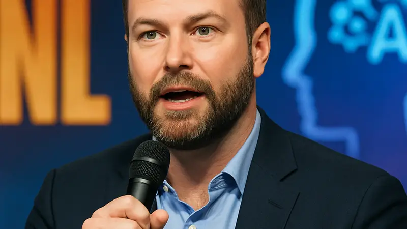 Таран Киллам выступает или даёт интервью, на заднем плане смутный логотип SNL или ИИ.