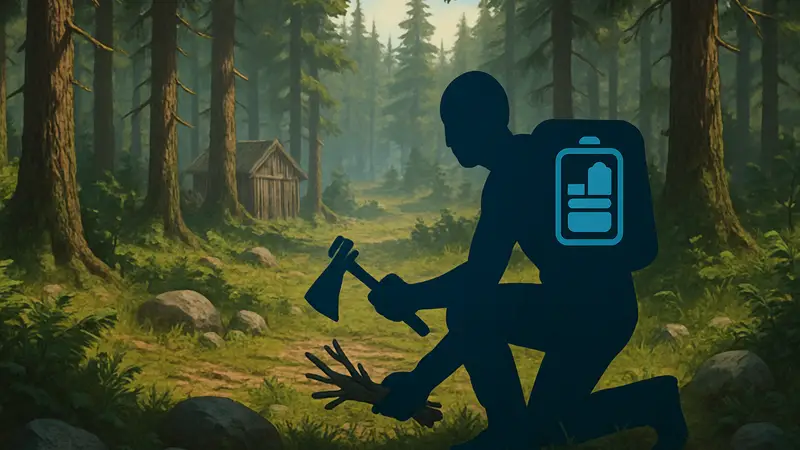 Игрок собирает ресурсы в лесу из популярной игры на выживание, показывая управление запасами.