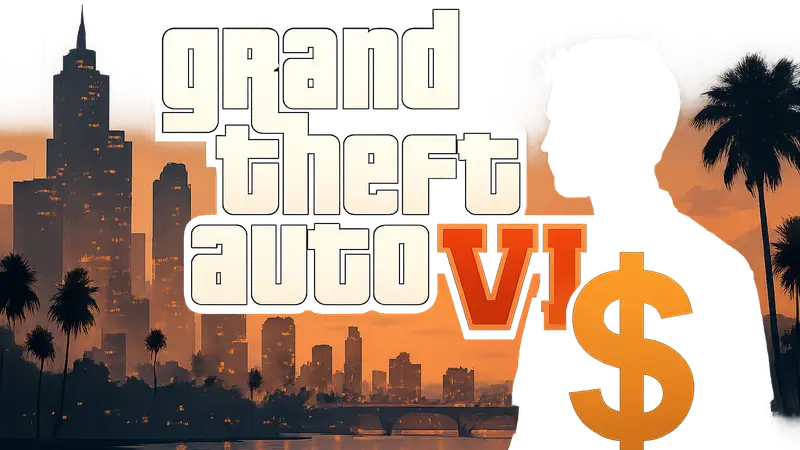 Логотип Grand Theft Auto VI на фоне городского пейзажа, значок доллара